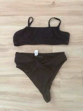 aerie Black Two-Piece Bikini Set - Asymmetric Top & High-Cut Bottoms
